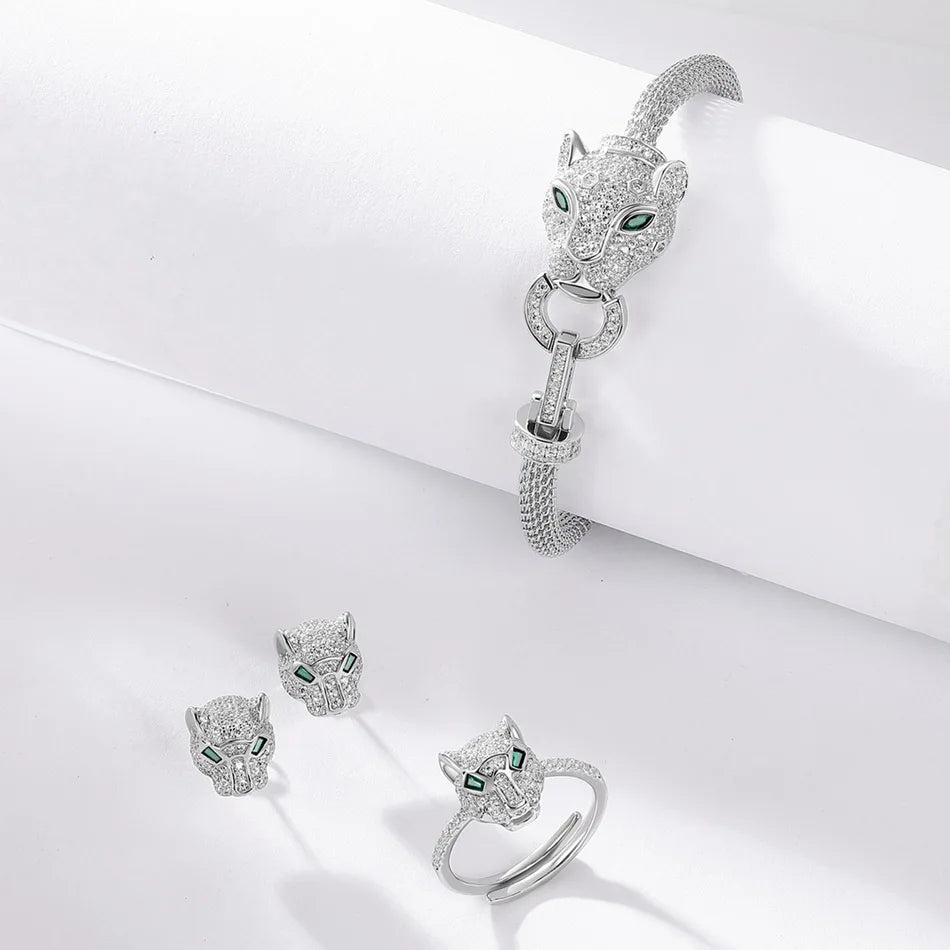 ALLNOEL 100% 925 Silver Stud Earrings For Women Leopard Head Green CZ Eye Panther Animal Jewelry Hip Hop Punk Gift Wholesale