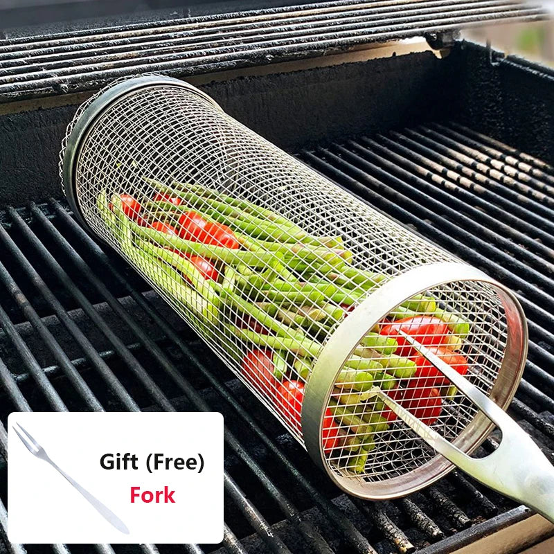 Barbecue Grill Grate Barbecue Cages Camping Picnic Cookware Outdoor Round BBQ Campfire Grill Grid Rolling Grill Basket