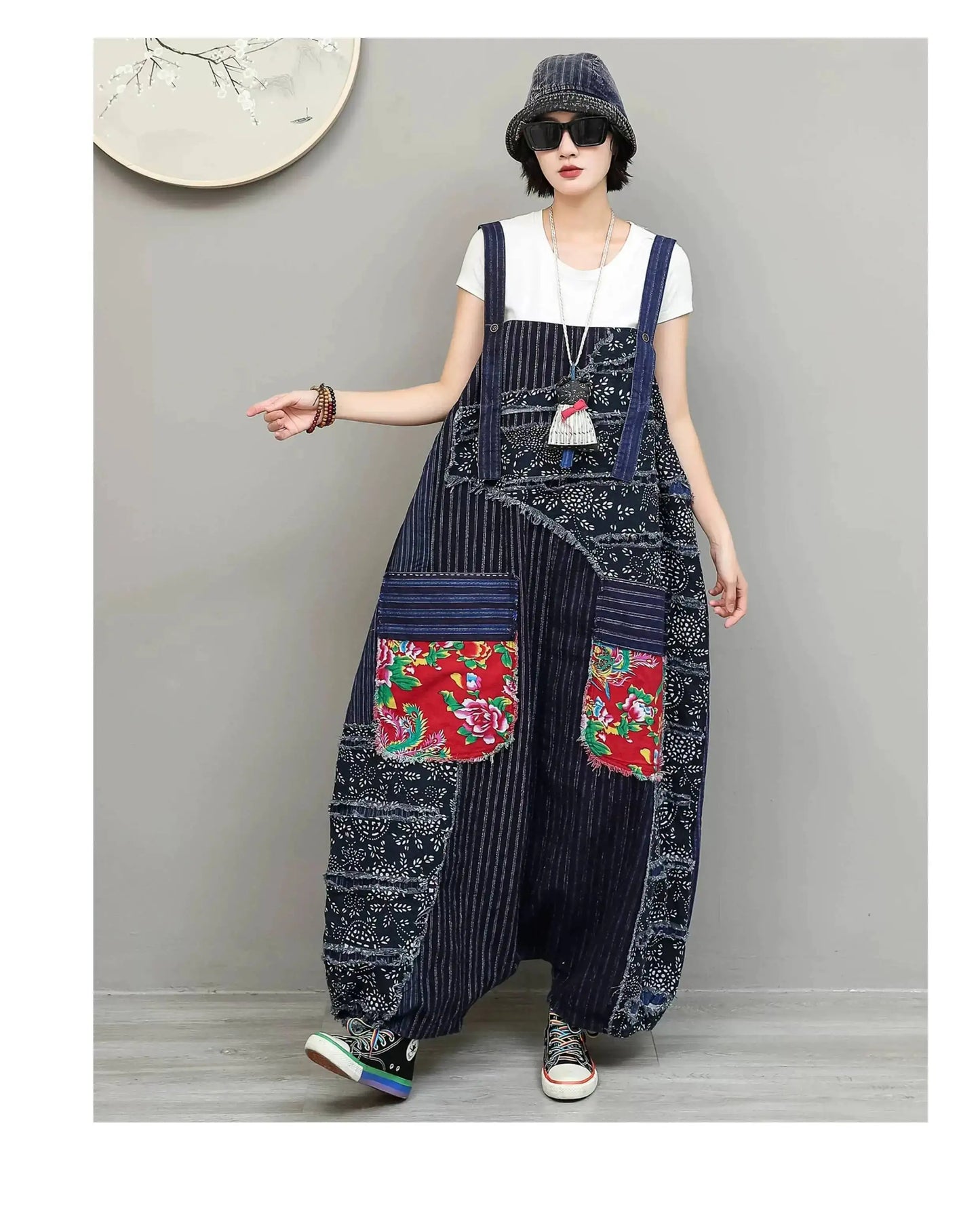 Unique Niche Women Cotton-linen Patchwork High-waist Overalls Large Pockets Sleeveless Jumpsuit LX6266