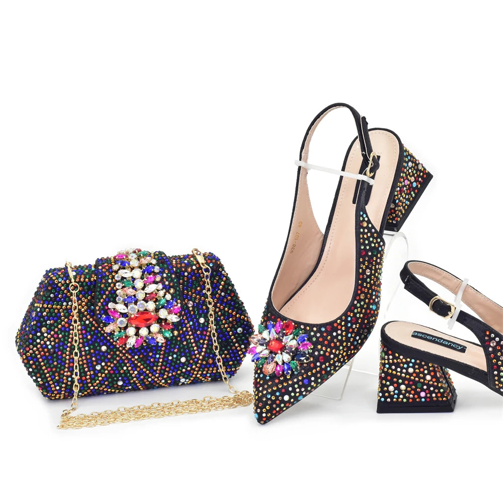 New Fashion Italian Design Rhinestone Pointed-Toe High Heel Shoes & Matching Bag Set Shoe and Bag Set for Nigeria Party Italy
