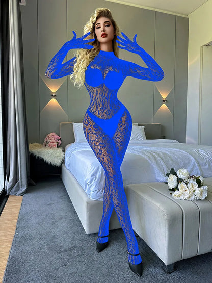 Toucheart Sexy Mesh Jumpsuit Women's Underwear Long-sleeved Jumpsuit Fishnet Top with Closed Crotch Perspective Sexy Jumpsuit