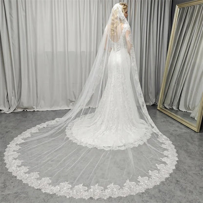 Customized Long Mantilla Veil with Eyelash Lace, 2.5m/3m Ivory Veil with Hidden Comb, Chantilly Eyelash Lace Wedding Veil