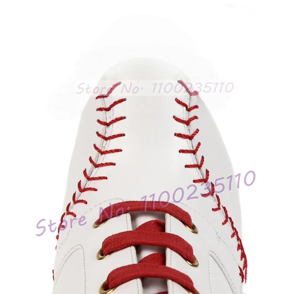 Baseball Sewing Design Stiletto Ankle Boots Women Round Toe Stylish White High Heel Boots Two Tone Splicing Cross Tied Shoes