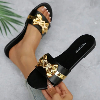Women's Shoes New Fashion Slippers with Bow Buckle Versatile Solid Color Decorative Round-Toe Flat Sandals