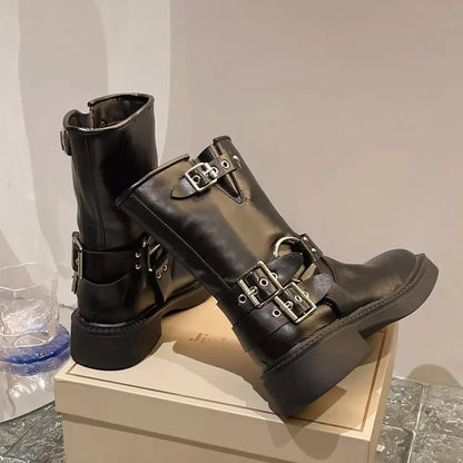 Women's Ankle Boots Autumn Work Fashion Elegant Punk New in Black Luxury Low Heel Round Toe Leather Dropshipping Center Footwear
