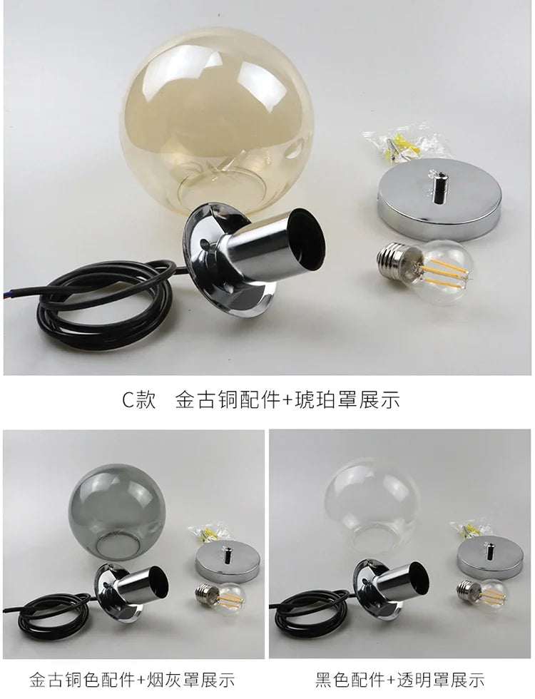Modern Simple Glass Chandelier Bar Counter Restaurant Gold Hanging Lights Silver Metal Amber Ashtray Ball Glass Suspension Lamp