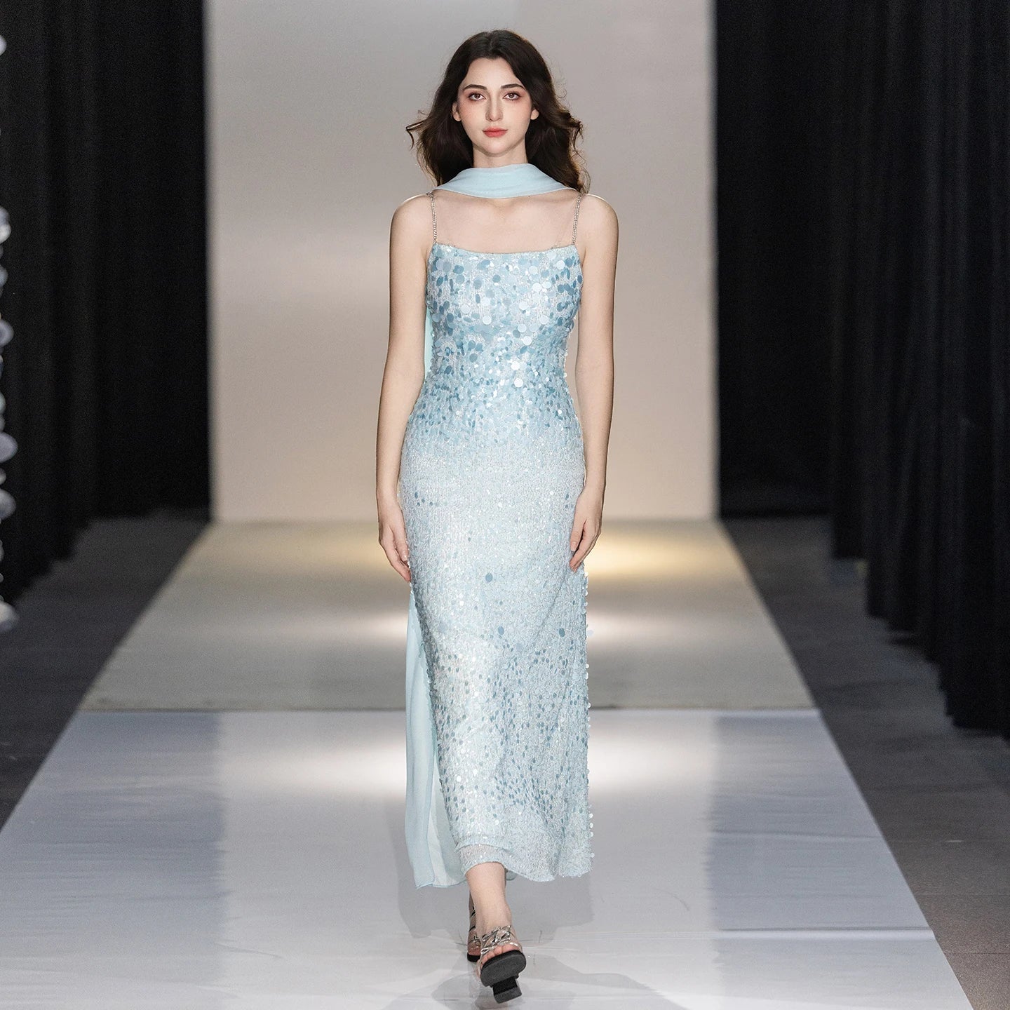 Champagne Rhinestone Spaghetti Strap Mermaid Evening Dress Big Sequins Chiffon Cape Neck Scarf Midi Wedding Guest Gown
