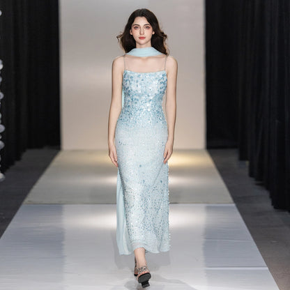 Champagne Rhinestone Spaghetti Strap Mermaid Evening Dress Big Sequins Chiffon Cape Neck Scarf Midi Wedding Guest Gown