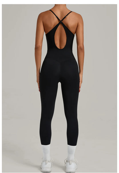 JUREN Fitness Jumpsuit Women Tracksuit Sports Playsuit Running One Piece Yoga Suit Scrunch Backless Set Rompers Gym Clothes