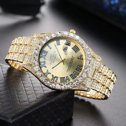 Luxury Gold Sparkling Rhinestone Iced Out Watch Unisex Quartz Calendar Wristwatch Men Women Party Jewelry Clock