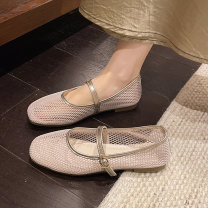 Women Luxury Sandals Flats Shallow Beach Comfort Retro Female Mary Jane Fishing Net Ballet Shoes Women's Soft Bottom Flat Hollow