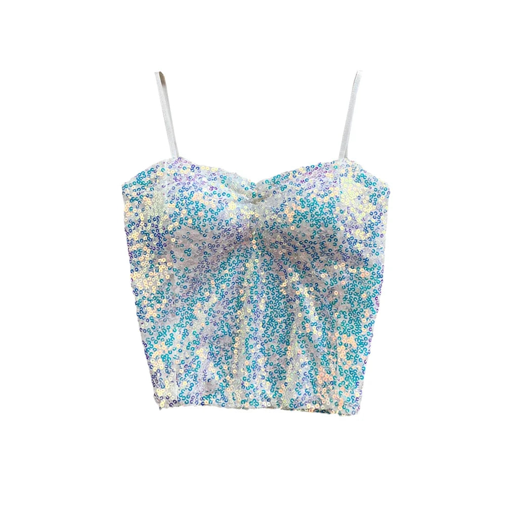 Sexy Sequin Party spaghetti Croset Bustier backless Slim Tanks and Camis Strap Glitter Crop Top Fashion Summer Women Clothes Y2k