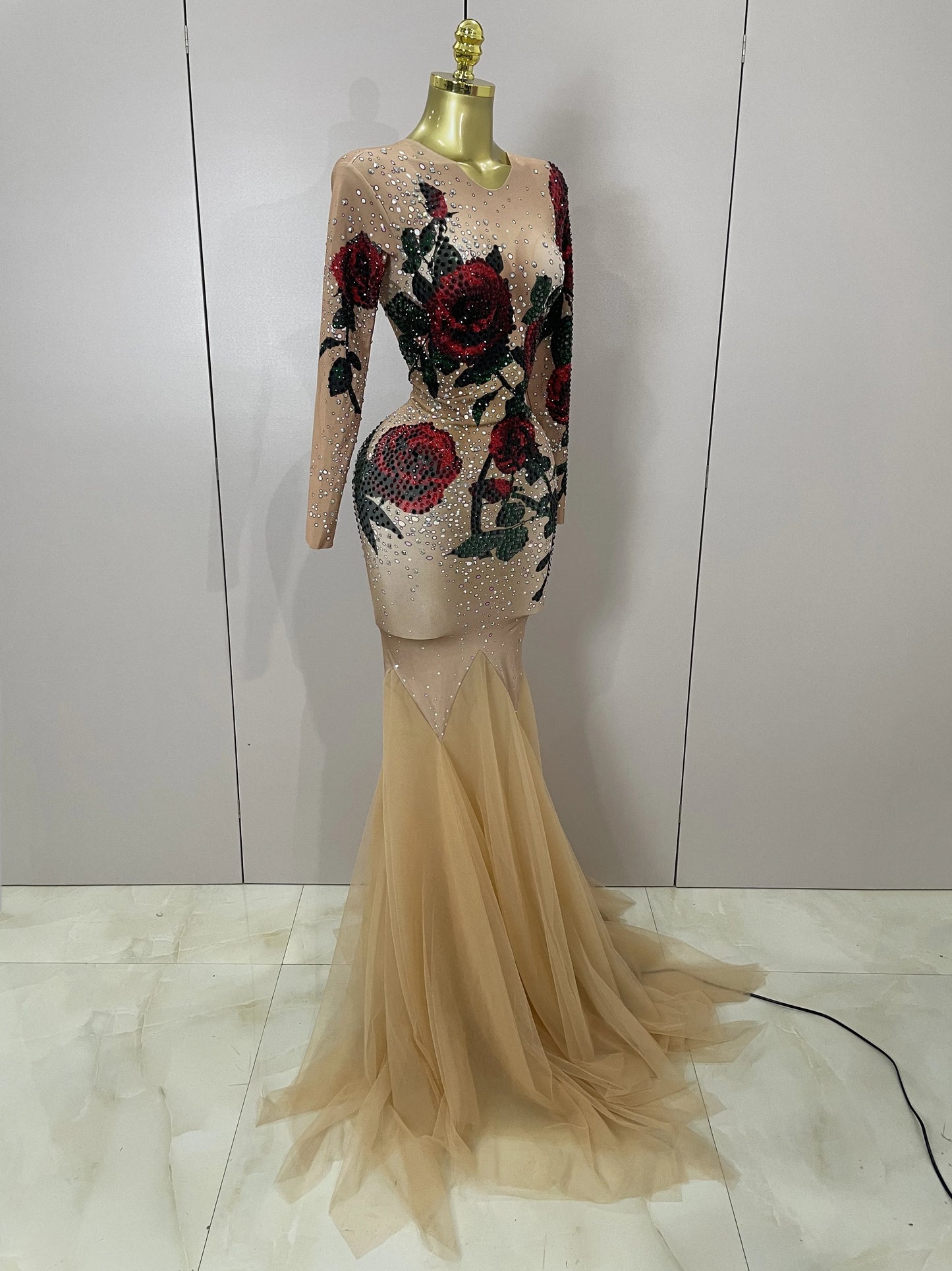 Women Sparkly Diamonds Rose Floral Long Sleeves Floor-Length Dress Eveing Celebrate Birthday Party Nightclub Sexy Stage Costume