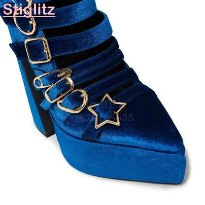 Blue Velvet Irregular Buckle Knee-high Boots Pointed  Toe Side Zipper Chunky High Heels Boots 2026 Summer New Women Punk Shoes