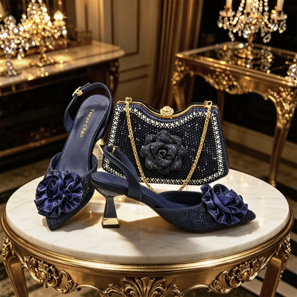 2026 Luxury Green 3D Rose Rhinestone Shoes And Bag Set Women Pointed Toe Slingback High Heels Matching Clutch For Wedding Party
