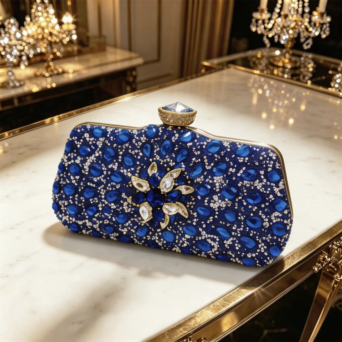 Women's Royal Blue Rhinestone Slingback Heels with Matching Clutch Bag Set Low Heel 3CM for Wedding Bridesmaid Evening Party