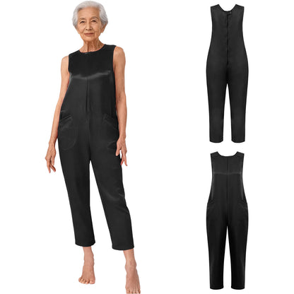 Women's Elderly Anti-Strip Adaptive Jumpsuit Back Legs Zip Long Sleeve Long Pants Nursing Rompers for Special Needs Disabilities