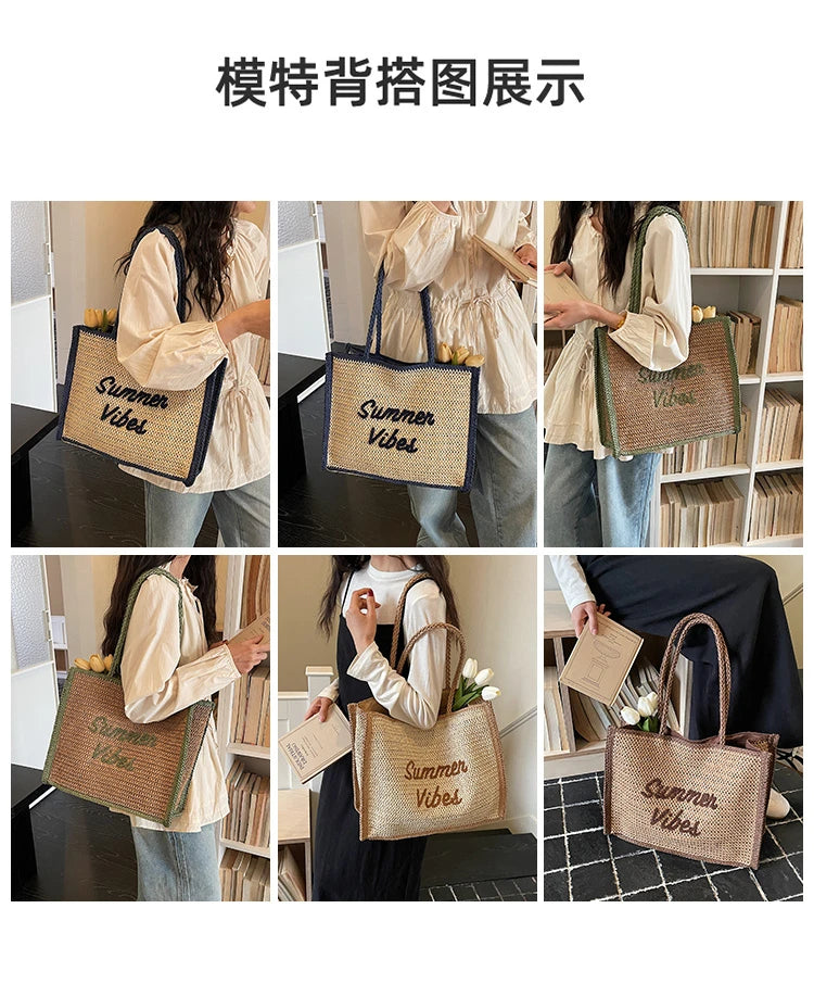 Large Capacity Women Tote Bag 2026 New Fashion Hand-made Straw Bag Female Shoulder Handbag Causal Commuter Bags for Ladies