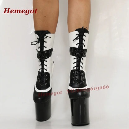 White Platform Lace-Up Ankle Boots Steel Pole Dance Performance Shoes Round Toe Stiletto High Heels Cross Tied Zip Women's Boots