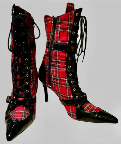 Mixed Colors Red Pointed Toe Belt Buckle Mid-Calf Lace Up Women Boots Stiletto High Heels Side Zipper Design Large Size Shoes