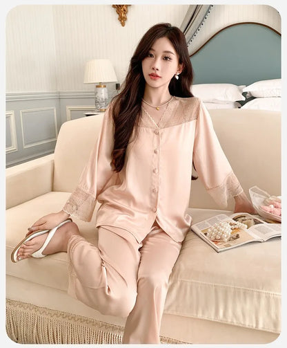 Women's Ice Silk Long-Sleeve Shirt and Full-Length Bottom Pajama Set Soft Warm Loungewear