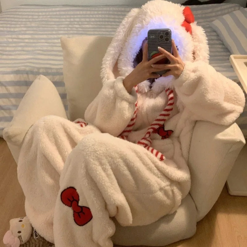 Sweet and Cute Bow Rabbit One-piece Pajamas Women's Winter New Fleece Thickened Coral Fleece Large Size Loungewear Sleepwear
