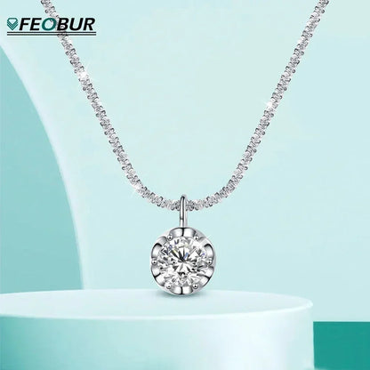 FEOBUR 1/2CT Sparkling Moissanite Necklace for Women Real S925 Silver Chains Diamond Pendant Female Wedding Trend Jewelry Gift