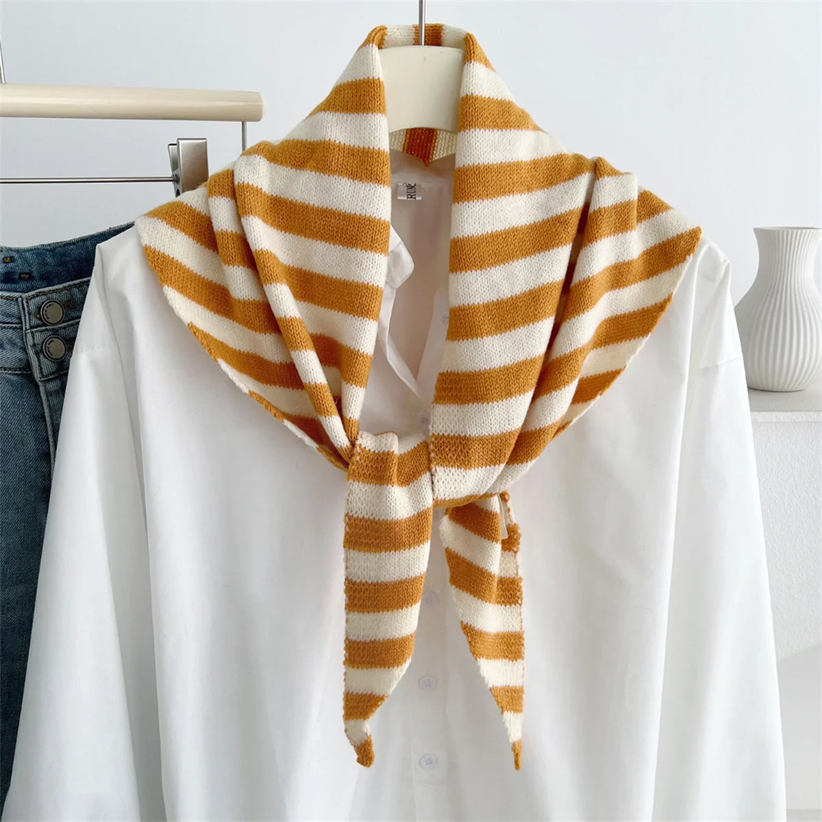 Versatile Striped Knitted Triangle Shawl Scarf Women Winter Warm Neck Wrap Casual Layering Scarves for Daily Street Accessory