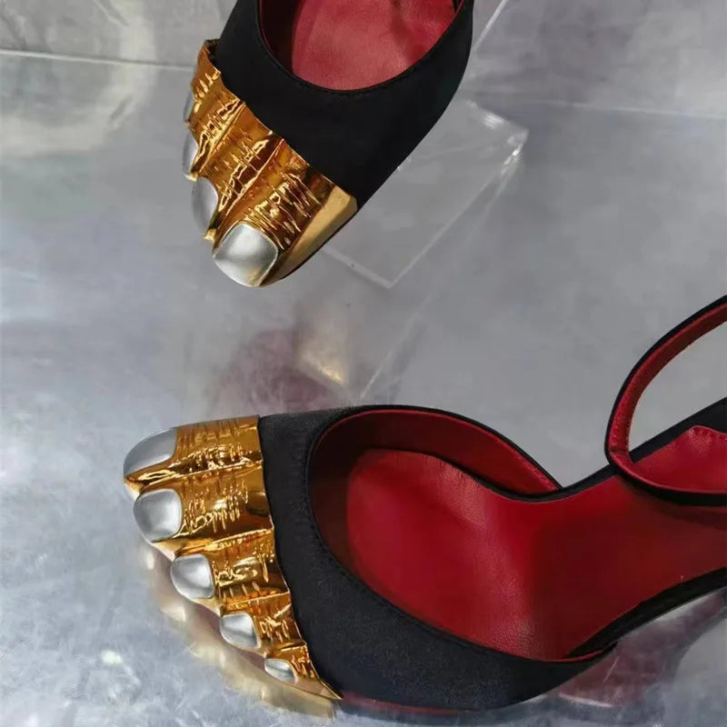 Novelty Stiletto Sandals For Women Pointed Toe Ankle Strap Designer New Brand Luxury Female Shoes Cool Elegant Metal Decoration
