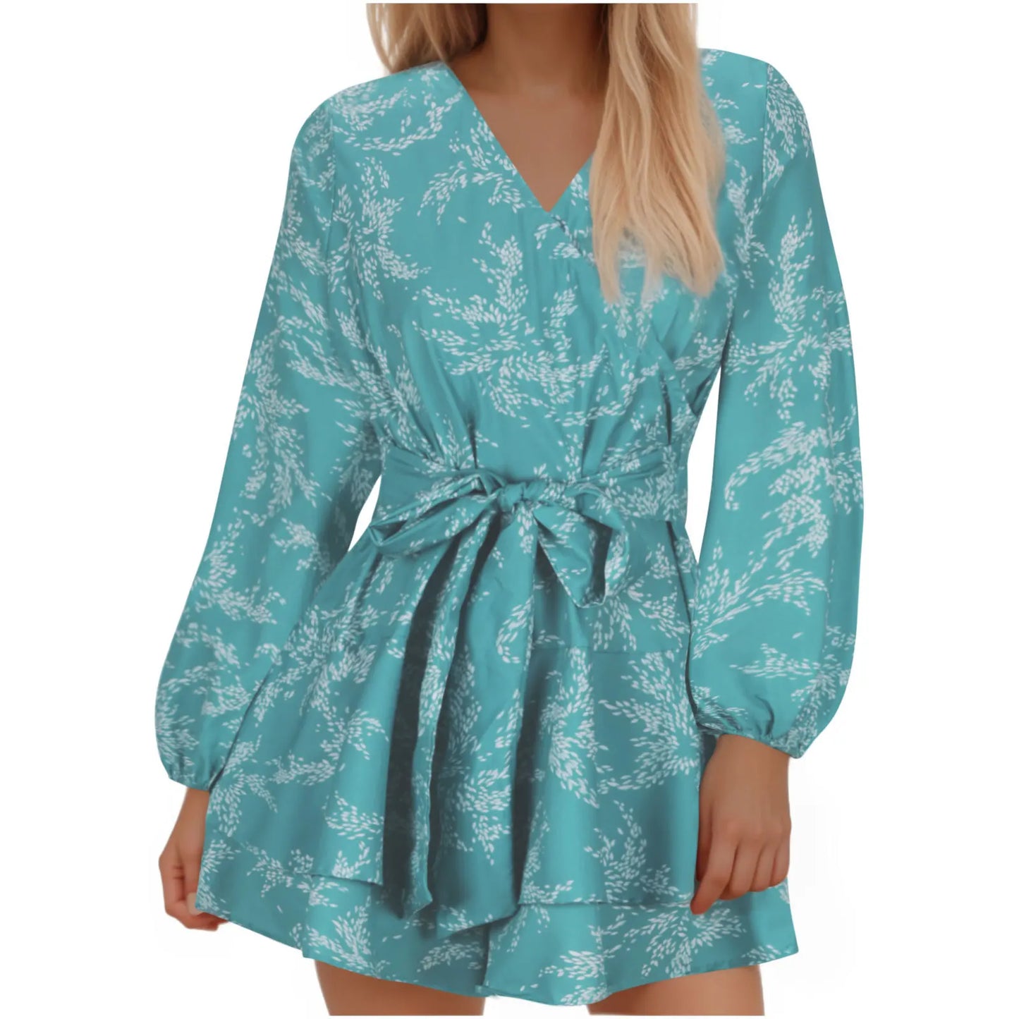 Hot-selling Women's Jumpsuits V-neck Flared Sleeves High Waist Plant Printed Pleated Lace-up Fashion High Street Playsuits