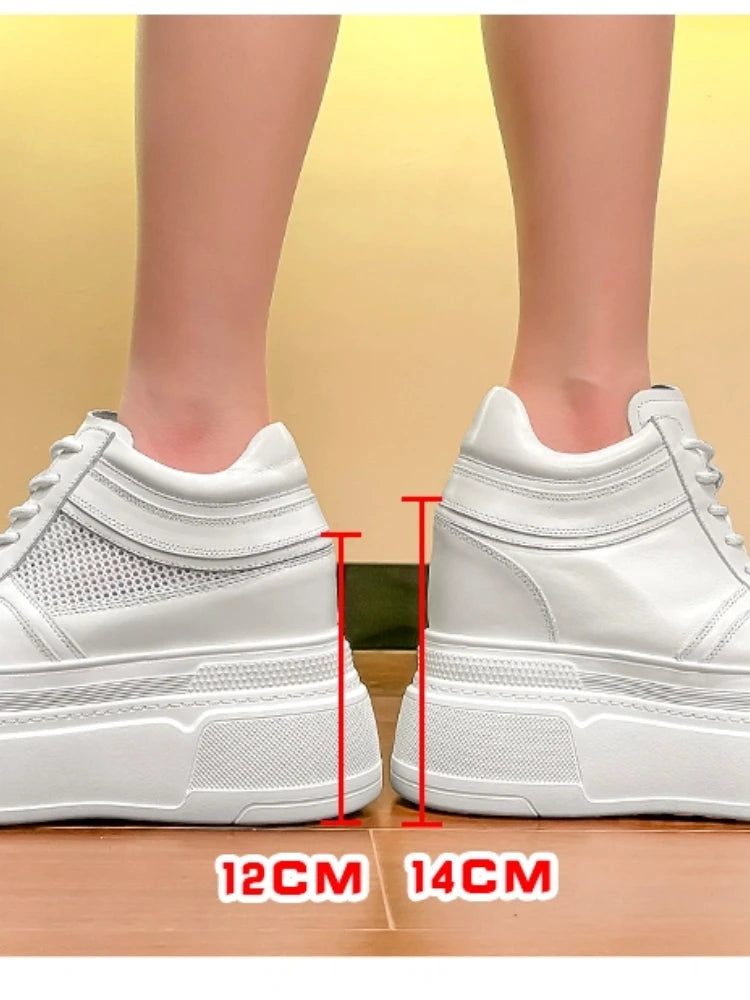 10-14cm Chunky Sneakers Women Platform Shoes Elevator Shoe White Mesh Breathable Sneakers Real Leather Increasing Shoes