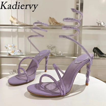 Luxury High Heels Sandals Woman Rhinestone Snake Twine Around Ankle Strap Wedding Shoes Stiletto Summer Gladiator Sandals Women
