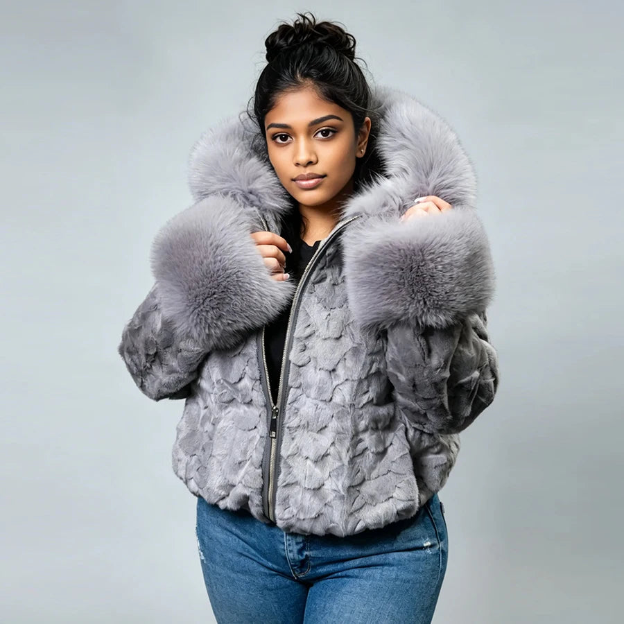 Woman's Section Mink Fur Jacket With Fox Collar Cuffs Hooede Fur Jacket Real Fur Zippered Jacket High Quality Natural Fur Coat