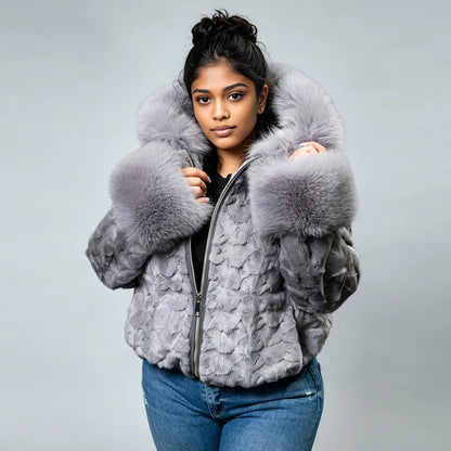 Woman's Section Mink Fur Jacket With Fox Collar Cuffs Hooede Fur Jacket Real Fur Zippered Jacket High Quality Natural Fur Coat