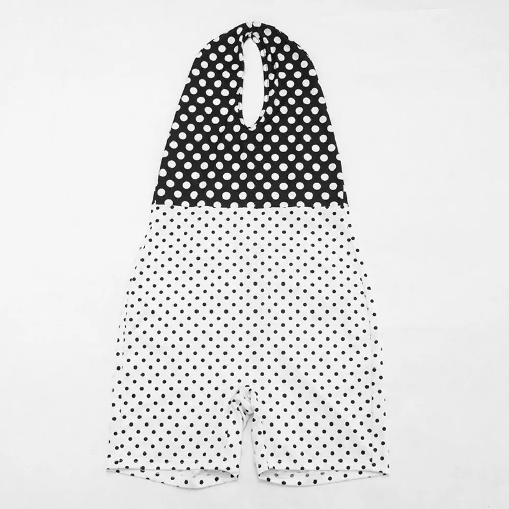 FLARORA Trend Color Blocking Rompers Woman Polka Dot Print Halter Bandage Backless Peach Hip Playsuits Sexy Midnight Streetwear