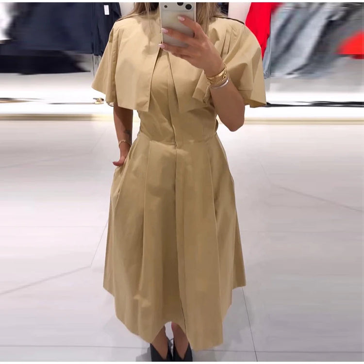 Women's Trench Style Midi Dress Stand Collar Cape Overlay Short Sleeve Belted Waist A‑Line Dresses Autumn Elegant Office Outfits