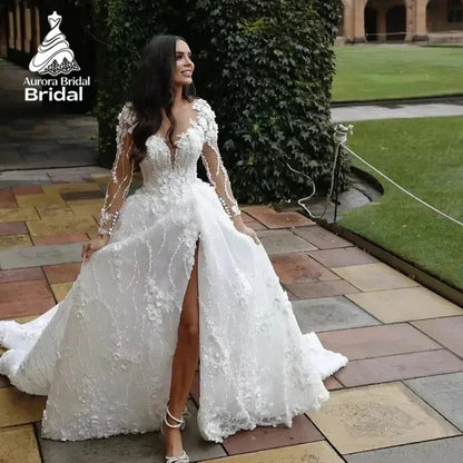 Aurora Customzied Elegant 3D-Appliques Shinny Lace Appliques A-Line Wedding Dress De Mariée Side Split Long Sleeves Bridal Gown