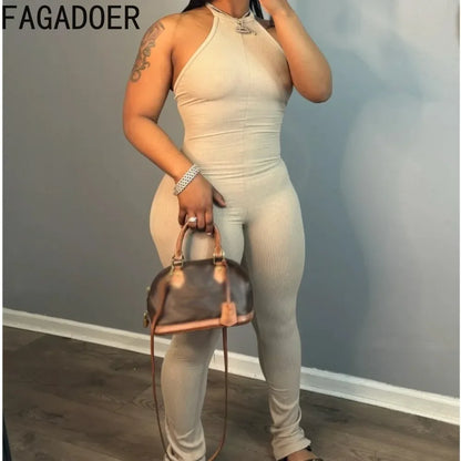 FAGADOER Casual Solid Bodycon Sporty One Pieces Jumpsuits Women Halter Sleeveless Backless Slim Playsuits Female Stacked Overall