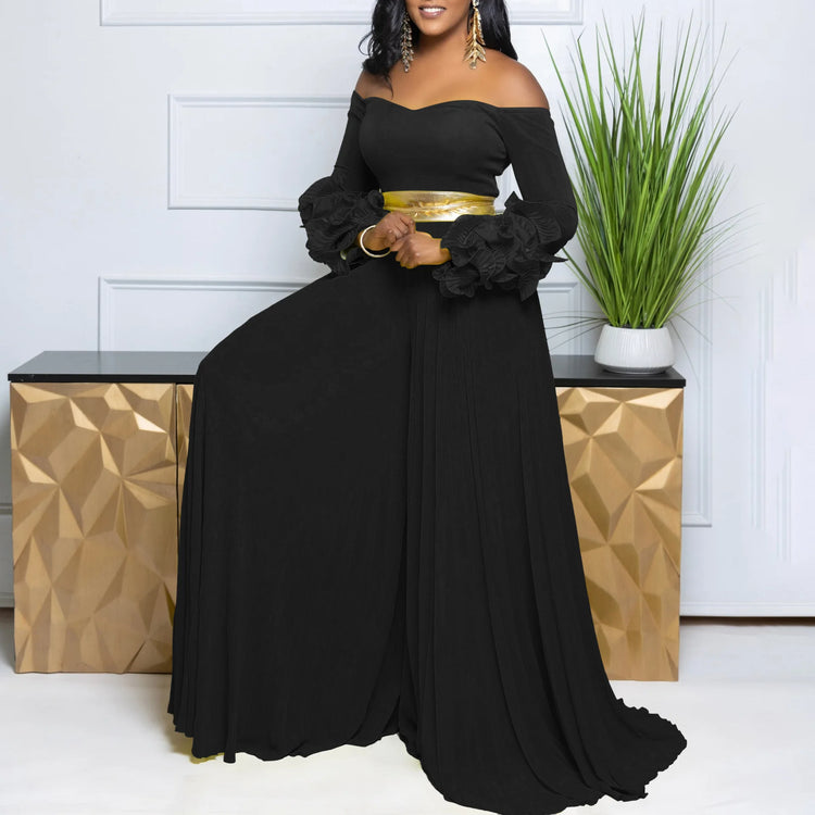 CM.YAYA Women Long Ruffles Sleeve Pleated Slash Neck Wide Leg Long Jumpsuits Party Beach Belt Street Sexy Africa Outfit Rompers