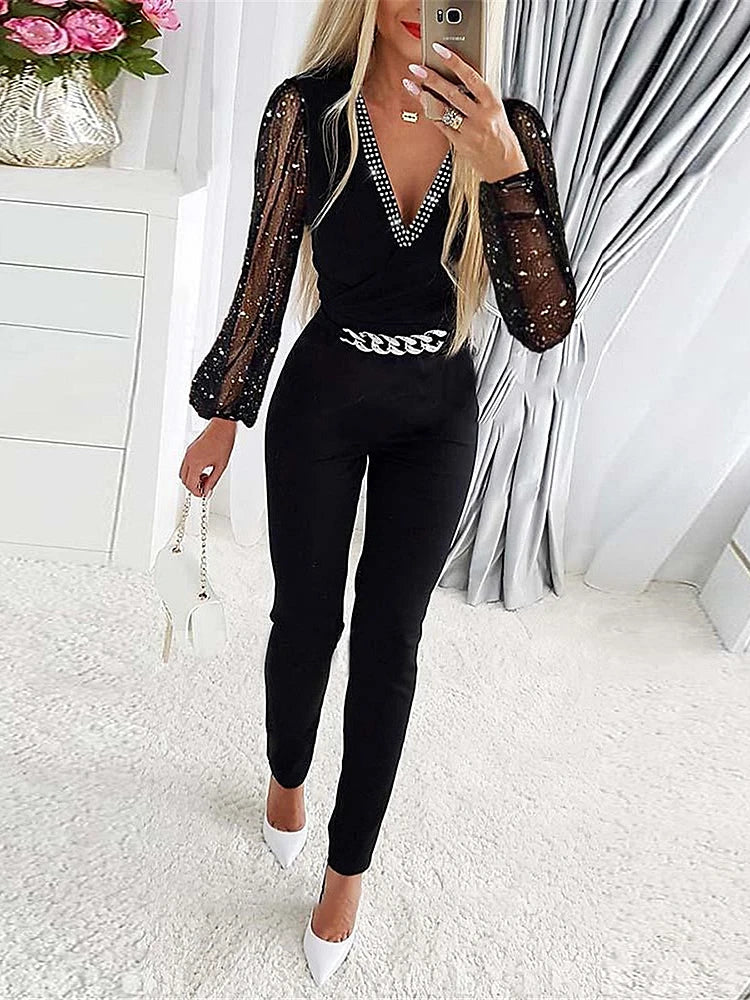 Jumpsuits Women One Piece V Neck Full Sleeve Tight High Waist Overalls Casual Sheath Long Pencil Pants Rompers Slim Fit Y2k