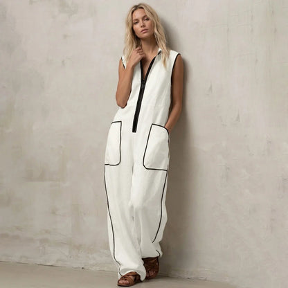 UOOZEE Women White Jumpsuits 2026 New Contrast Color Line Pockets Loose Stand Collar Zipper Casual Vacation Wide Leg Outfits