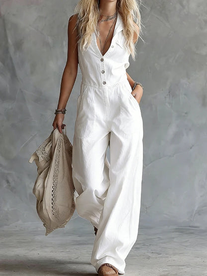 New White Patchwork Sleeveless Casual Jumpsuits Women Summer Buttons V Neck Fashion Playsuits 2026 Elegant Chic Ladies Bodysuits