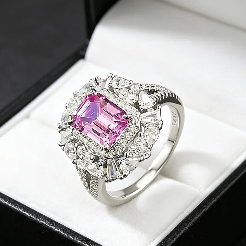 Luxury 18K white Solid Platinum PT950 certifid rectangular 6*8mm pink sapphire culture ring with multi-shaped diamond surround