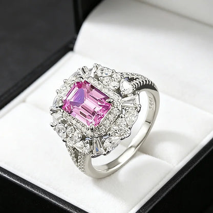 Luxury 18K white Solid Platinum PT950 certifid rectangular 6*8mm pink sapphire culture ring with multi-shaped diamond surround