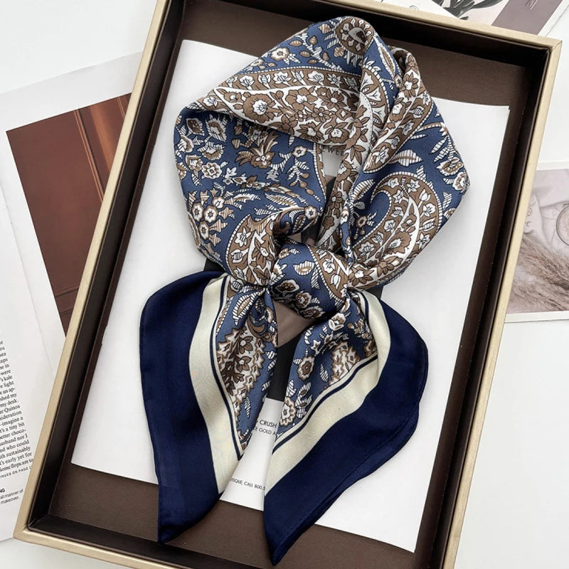 Fashion Bohemian Style Floral Print Women’s Square Silk Scarf Satin Head Wrap Tropical Leaf Flower Design Scarves Bandana Hijab