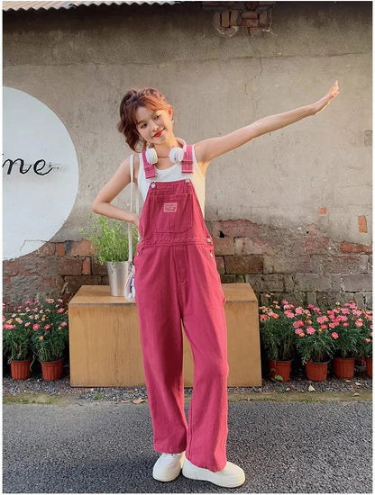 Vintage Pink Denim Overalls Adjustable Strap Wide Leg Jumpsuit Y2K Cute Campus Casual Pants