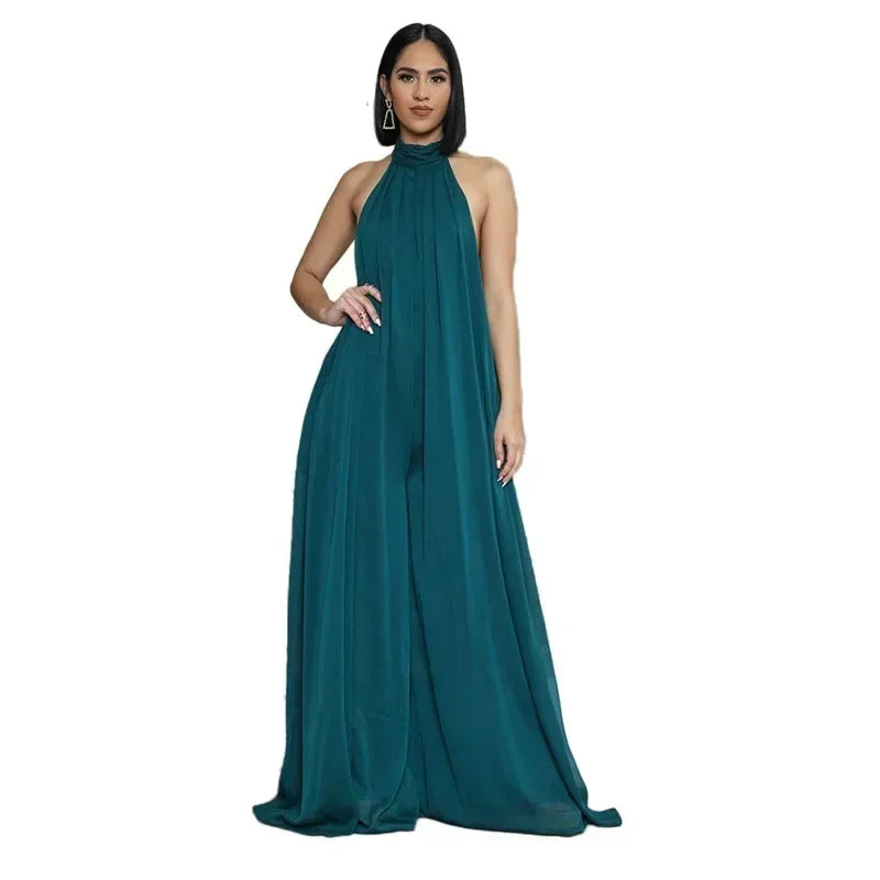 2026 New Women's Solid Chiffion Loose Halter Jumpsuits Sexy Backless Wide Leg Pants Rompers Fashion Party Elegant Women Clothing