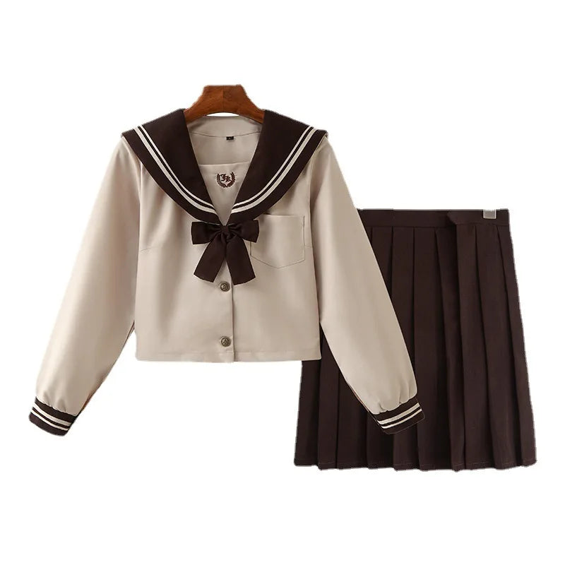 JK School Uniform Set Sailor Suit with Pleated Skirt Milk Tea Color Jk Outfit
