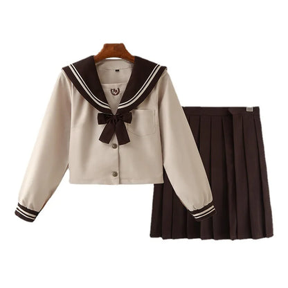 JK School Uniform Set Sailor Suit with Pleated Skirt Milk Tea Color Jk Outfit