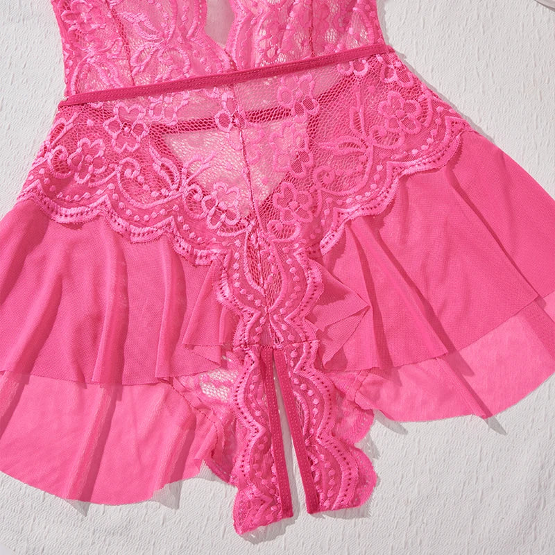 New Sexy Crotchless Rose Sexy Lingerie Women Lace Hollow Bodysuit Teddy Babydoll Dress Deep V Open Bra Porno Set Erotic Pajamas